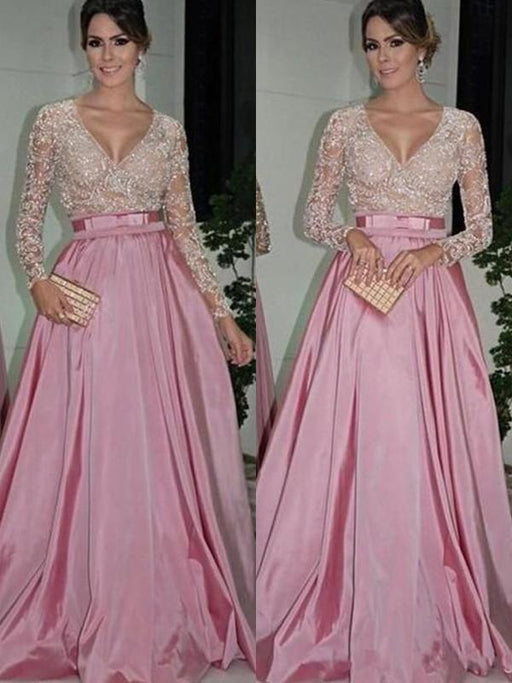Bridelily A-Line Long Sleeves V-Neck Floor-Length Lace Satin Dresses - Prom Dresses