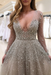 Bridelily A-line Long Sleeves V-neck Floor-length Tulle Pearls Prom Dresses