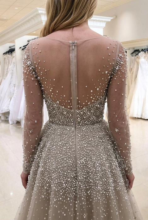 Bridelily A-line Long Sleeves V-neck Floor-length Tulle Pearls Prom Dresses