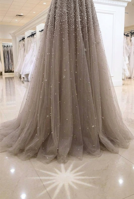 Bridelily A-line Long Sleeves V-neck Floor-length Tulle Pearls Prom Dresses