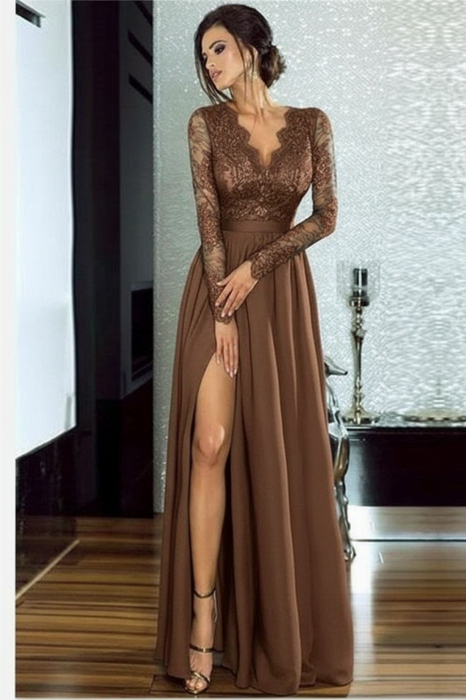 Bridelily A-line Long Sleeves V-neck Split Floor-length Lace Appliques Prom Dresses - Prom Dresses