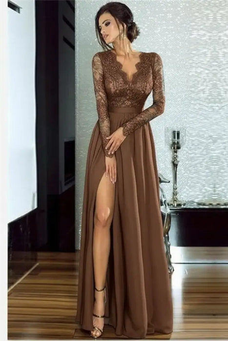 Bridelily A-line Long Sleeves V-neck Split Floor-length Lace Appliques Prom Dresses - Prom Dresses