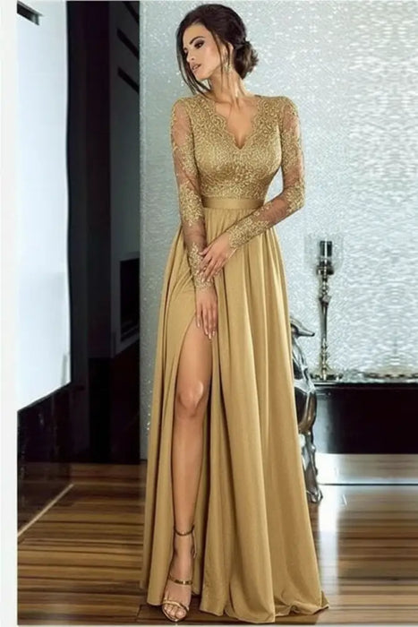 Bridelily A-line Long Sleeves V-neck Split Floor-length Lace Appliques Prom Dresses - Prom Dresses