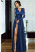 Bridelily A-line Long Sleeves V-neck Split Floor-length Lace Appliques Prom Dresses - Prom Dresses