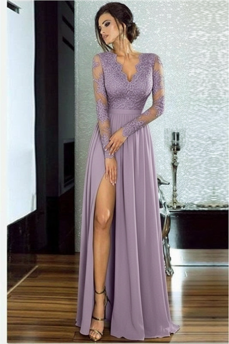 Bridelily A-line Long Sleeves V-neck Split Floor-length Lace Appliques Prom Dresses - Prom Dresses