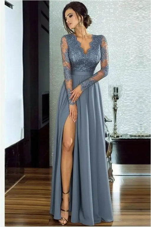 Bridelily A-line Long Sleeves V-neck Split Floor-length Lace Appliques Prom Dresses - Prom Dresses
