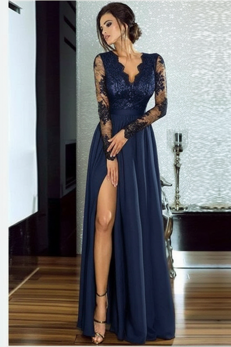 Bridelily A-line Long Sleeves V-neck Split Floor-length Lace Appliques Prom Dresses - Prom Dresses