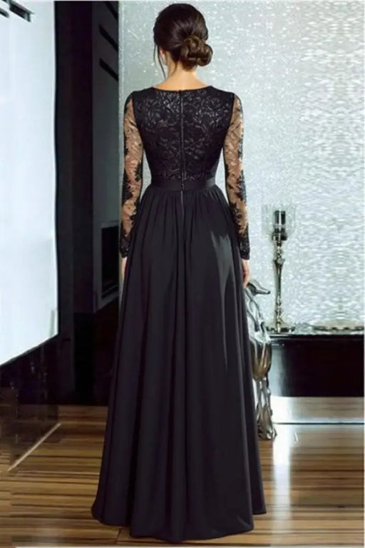 Bridelily A line Long Sleeves V neck Split Floor length Lace Appliques Prom Dresses Prom Dresses