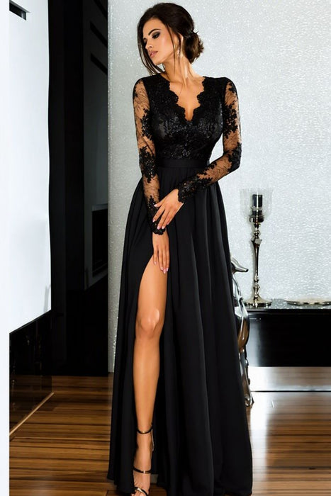 Bridelily A-line Long Sleeves V-neck Split Floor-length Lace Appliques Prom Dresses