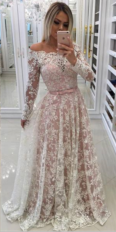 Bridelily A-line Off-shoulder Long Sleeves Floor-length Appliques Sash Prom Dresses - Prom Dresses