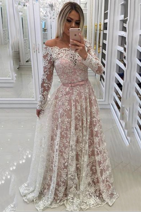 Bridelily A-line Off-shoulder Long Sleeves Floor-length Appliques Sash Prom Dresses - Prom Dresses