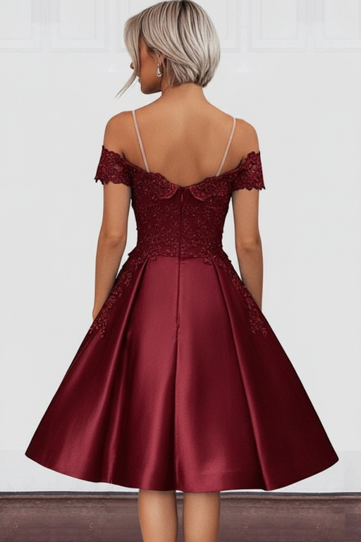 Bridelily A-Line Off-the-Shoulder Sleeveless Knee-Length With Applique Satin Dresses - Prom Dresses