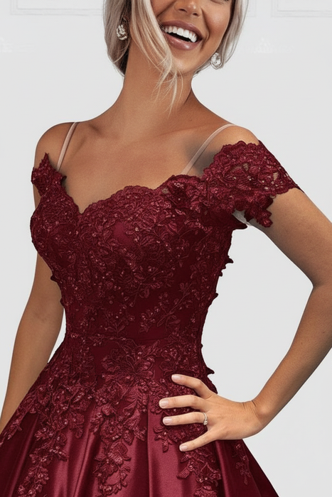 Bridelily A-Line Off-the-Shoulder Sleeveless Knee-Length With Applique Satin Dresses - Prom Dresses