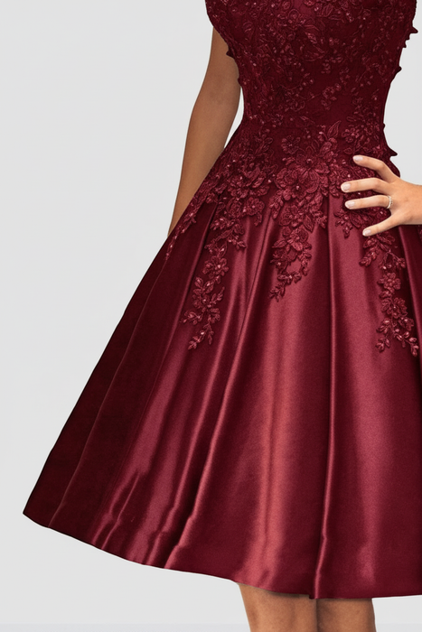 Bridelily A-Line Off-the-Shoulder Sleeveless Knee-Length With Applique Satin Dresses - Prom Dresses