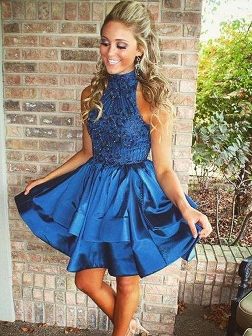 Bridelily A-Line Satin High Neck Sleeveless Short/Mini With Beading Dresses - Prom Dresses