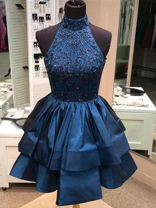 Bridelily A-Line Satin High Neck Sleeveless Short/Mini With Beading Dresses - Prom Dresses