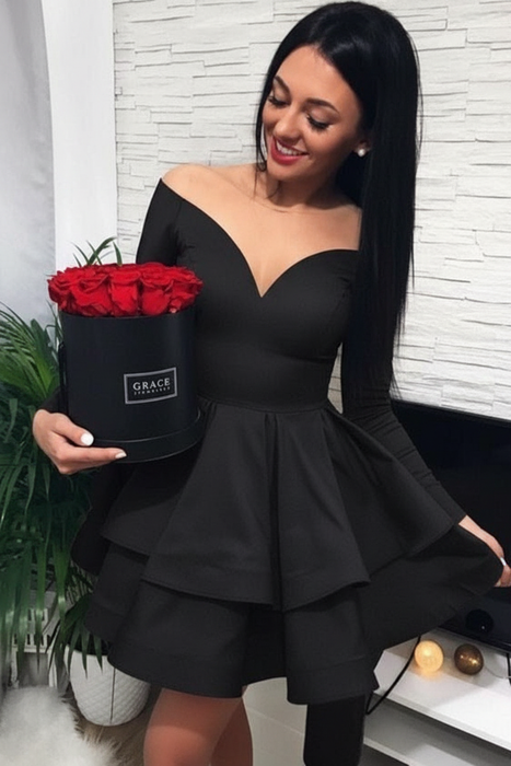 Bridelily A-Line Satin Off-the-Shoulder With Ruffles Long Sleeves Short/Mini Dresses Black- Prom Dresses