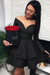 Bridelily A-Line Satin Off-the-Shoulder With Ruffles Long Sleeves Short/Mini Dresses Black- Prom Dresses