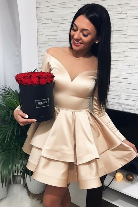 Bridelily A-Line Satin Off-the-Shoulder With Ruffles Long Sleeves Short/Mini Dresses Champagne- Prom Dresses