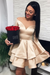 Bridelily A-Line Satin Off-the-Shoulder With Ruffles Long Sleeves Short/Mini Dresses Champagne- Prom Dresses