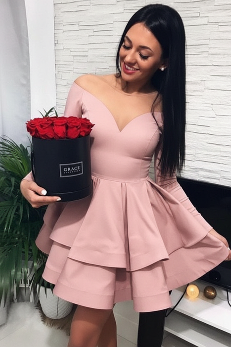 Bridelily A-Line Satin Off-the-Shoulder With Ruffles Long Sleeves Short/Mini Dresses Dusty Pink- Prom Dresses