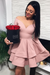 Bridelily A-Line Satin Off-the-Shoulder With Ruffles Long Sleeves Short/Mini Dresses Dusty Pink- Prom Dresses