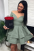 Bridelily A-Line Satin Off-the-Shoulder With Ruffles Long Sleeves Short/Mini Dresses Dusty Sage- Prom Dresses