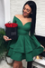 Bridelily A-Line Satin Off-the-Shoulder With Ruffles Long Sleeves Short/Mini Dresses Emerald Green- Prom Dresses