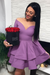 Bridelily A-Line Satin Off-the-Shoulder With Ruffles Long Sleeves Short/Mini Dresses Lavender- Prom Dresses