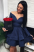 Bridelily A-Line Satin Off-the-Shoulder With Ruffles Long Sleeves Short/Mini Dresses Navy - Prom Dresses
