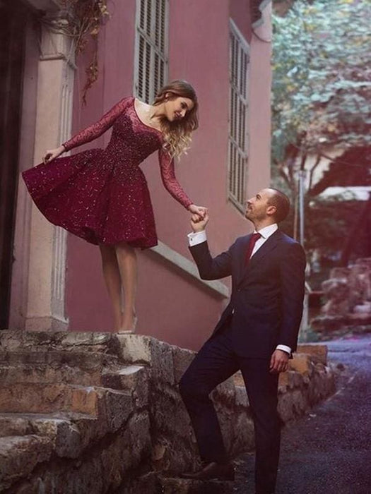 Bridelily A-Line Satin Scoop Long Sleeves Short/Mini With Paillette Dresses - Prom Dresses