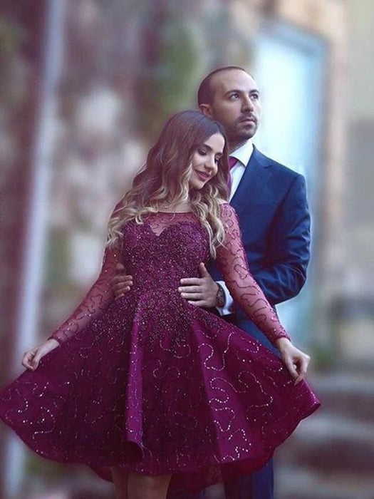 Bridelily A-Line Satin Scoop Long Sleeves Short/Mini With Paillette Dresses - Prom Dresses