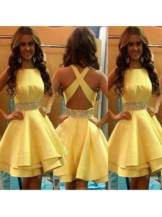 Bridelily A-Line Satin Scoop Sleeveless Short/Mini With Beading Prom Dresses - Prom Dresses