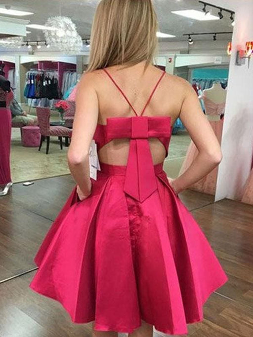 Bridelily A-Line Satin With Bowknot Spaghetti Straps Sleeveless Short/Mini Dresses - Prom Dresses