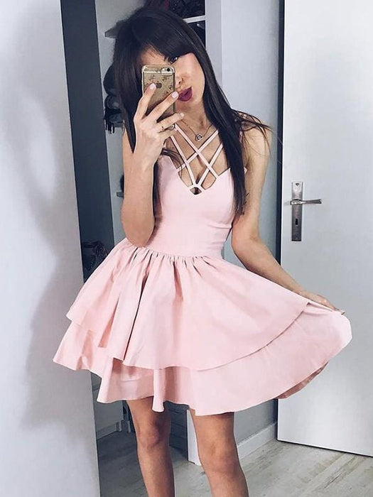 Bridelily A-Line Satin Spaghetti Straps Sleeveless With Ruffles Short/Mini Dresses - Prom Dresses