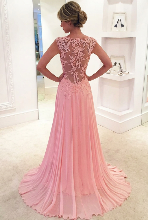 A-Line Sleeveless Chiffon Lace V-neck Formal Evening Dresses