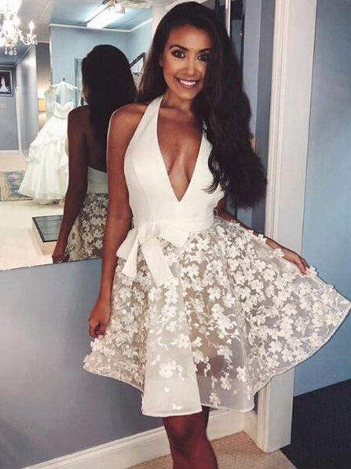 Bridelily A-Line Sleeveless Halter Organza With Applique Short/Mini Dresses - Prom Dresses