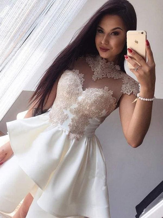 Bridelily A-Line Sleeveless High Neck Satin With Applique Short/Mini Dresses - Prom Dresses