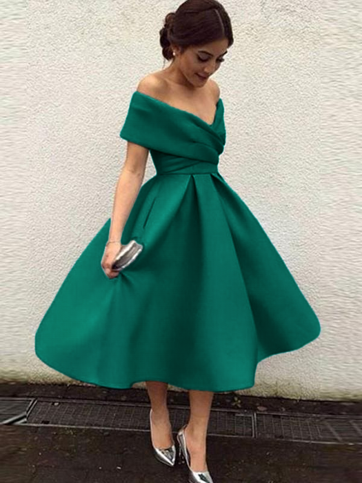 Off-Shoulder Satin Tea-Length Bridesmaid Dress-Bridelily Off-Shoulder Satin Tea-Length Bridesmaid Dress-Bridelily