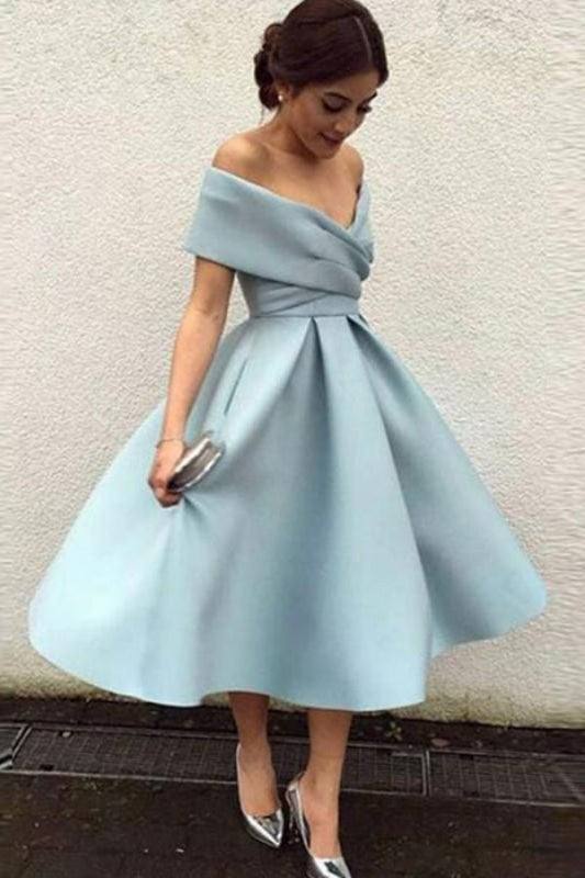 Off-Shoulder Satin Tea-Length Bridesmaid Dress-Bridelily