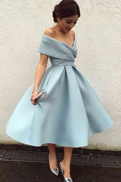 Off-Shoulder Satin Tea-Length Bridesmaid Dress-Bridelily