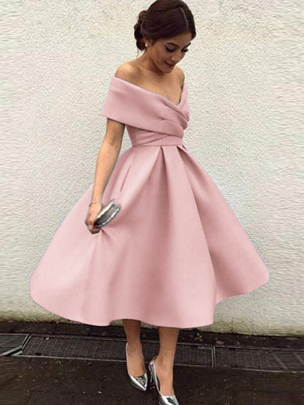 pink tea length dresses bridesmaid A-line Satin Pink Tea-Length Bridesmaid Dress with Bow Sash  loveangeldress