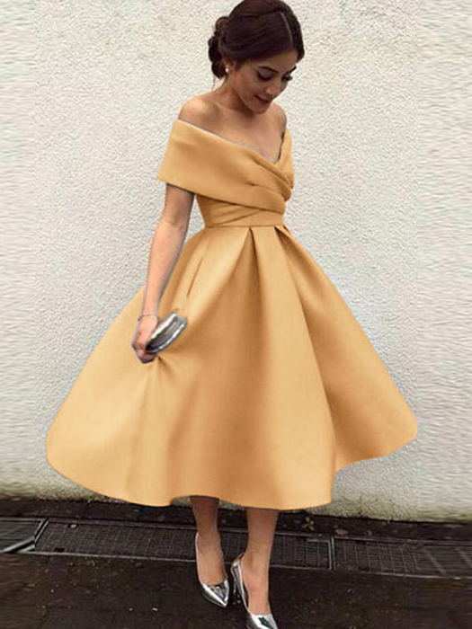 Off-Shoulder Satin Tea-Length Bridesmaid Dress-Bridelily Off-Shoulder Satin Tea-Length Bridesmaid Dress-Bridelily