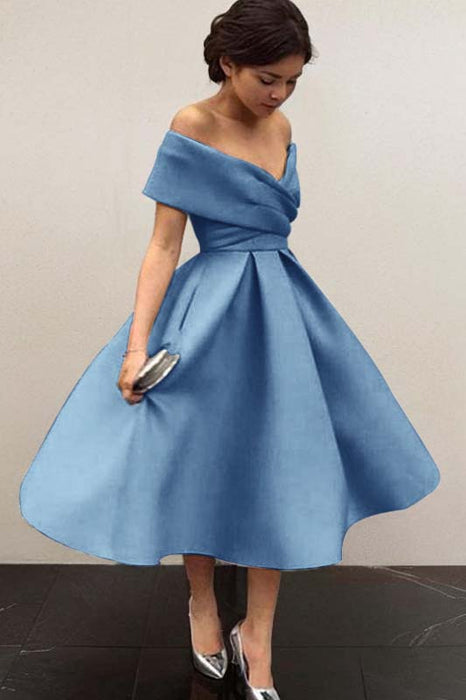 Bridelily A-Line Sleeveless Off-the-Shoulder Satin With Ruffles Tea-Length Dresses - Prom Dresses
