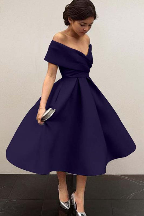 Off-Shoulder Satin Tea-Length Bridesmaid Dress-Bridelily