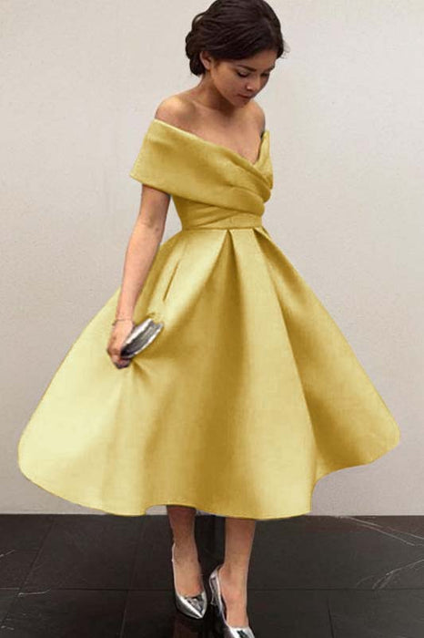 Off-Shoulder Satin Tea-Length Bridesmaid Dress-Bridelily Off-Shoulder Satin Tea-Length Bridesmaid Dress-Bridelily