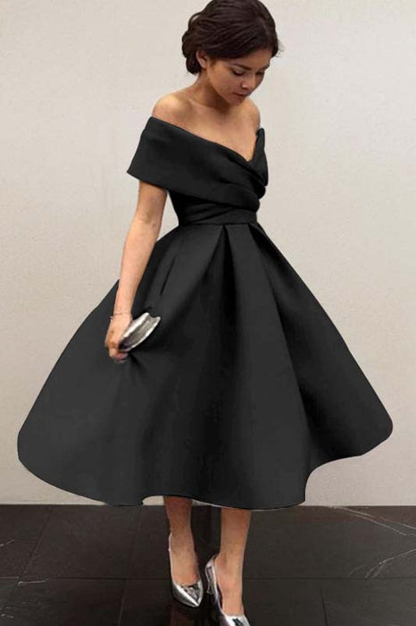 Off-Shoulder Satin Tea-Length Bridesmaid Dress-Bridelily Off-Shoulder Satin Tea-Length Bridesmaid Dress-Bridelily