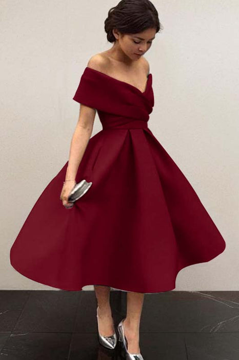 Bridelily A-Line Sleeveless Off-the-Shoulder Satin With Ruffles Tea-Length Dresses - Prom Dresses