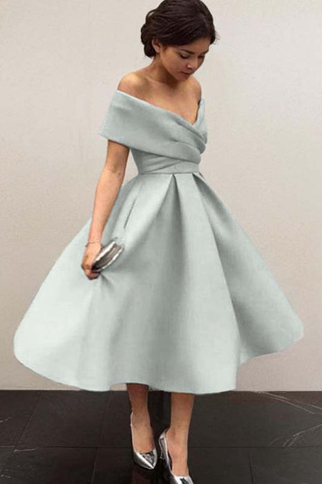 Bridelily A-Line Sleeveless Off-the-Shoulder Satin With Ruffles Tea-Length Dresses - Prom Dresses