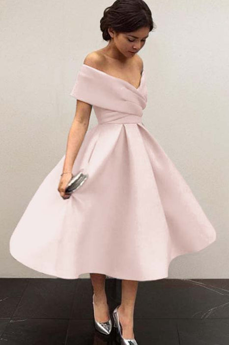 Off-Shoulder Satin Tea-Length Bridesmaid Dress-Bridelily Off-Shoulder Satin Tea-Length Bridesmaid Dress-Bridelily